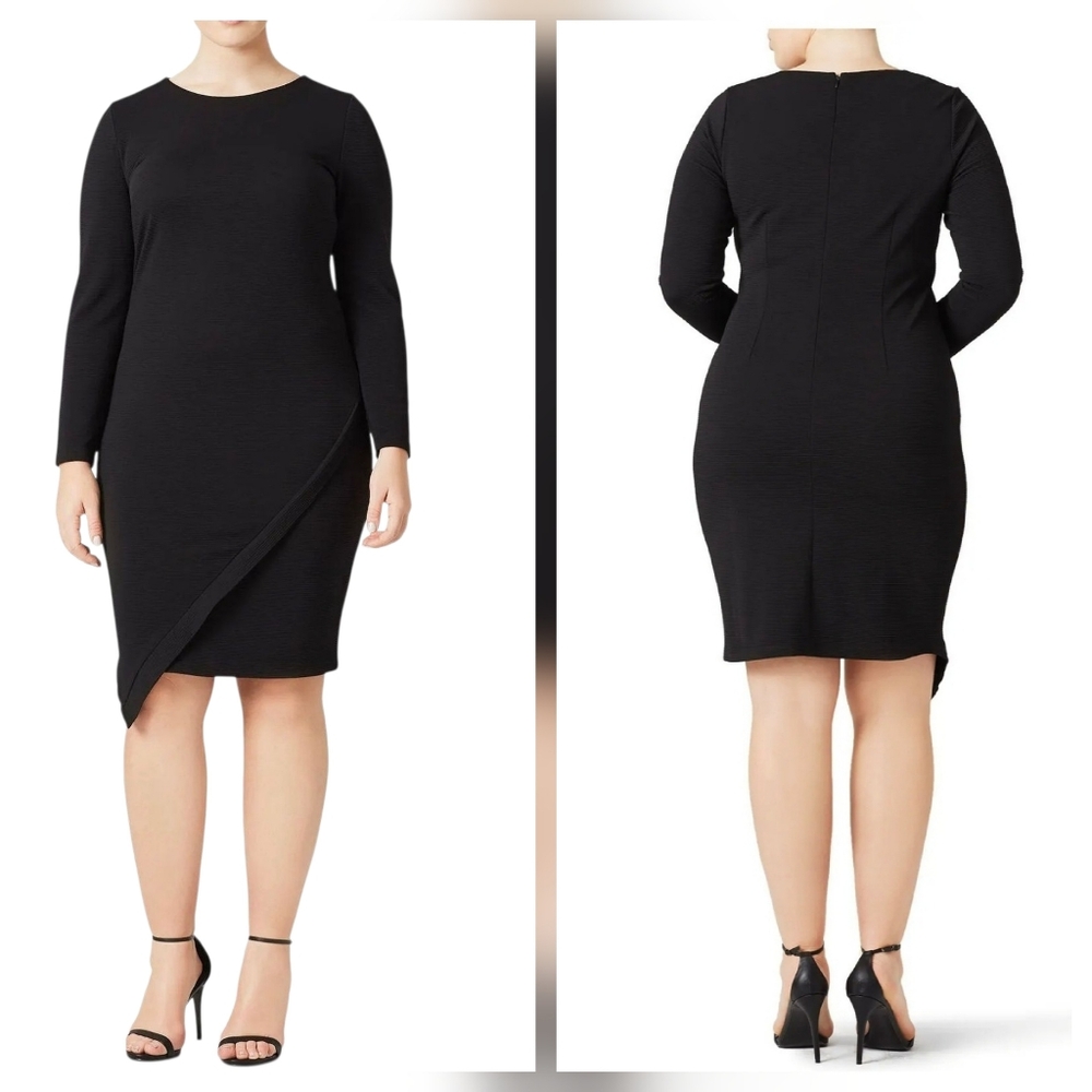 ELOQUII Black Delaney Asymmetrical Overlay Long Sleeve Midi Dress